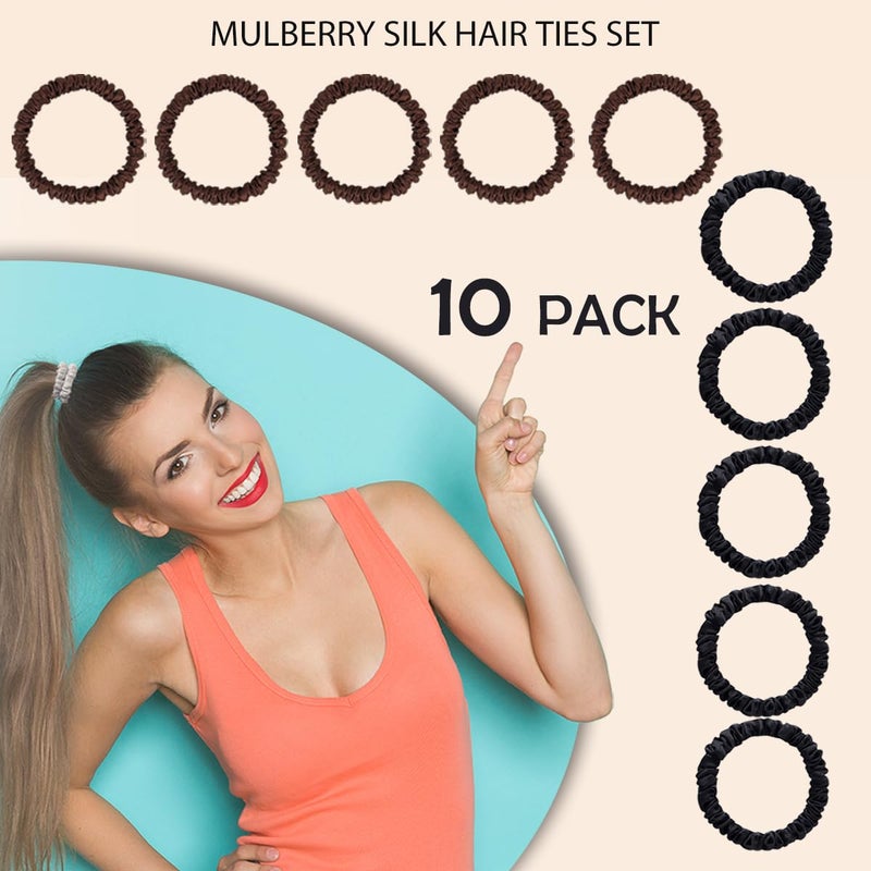 SEMRUE 22 Momme 100% Pure Mulberry Silk Scrunchies (10 PCS) - Small Hair Elastics and Ties for Women Sleep, Hair Care No Damage, Black*5+Brown*5 - Image 3